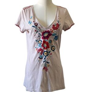 Johnny Was Floral Embroidered V-Neck Tee - Pink and Multicolor